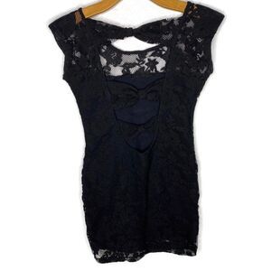 Black Lace Mini Dress With Open Back Bow Detail M